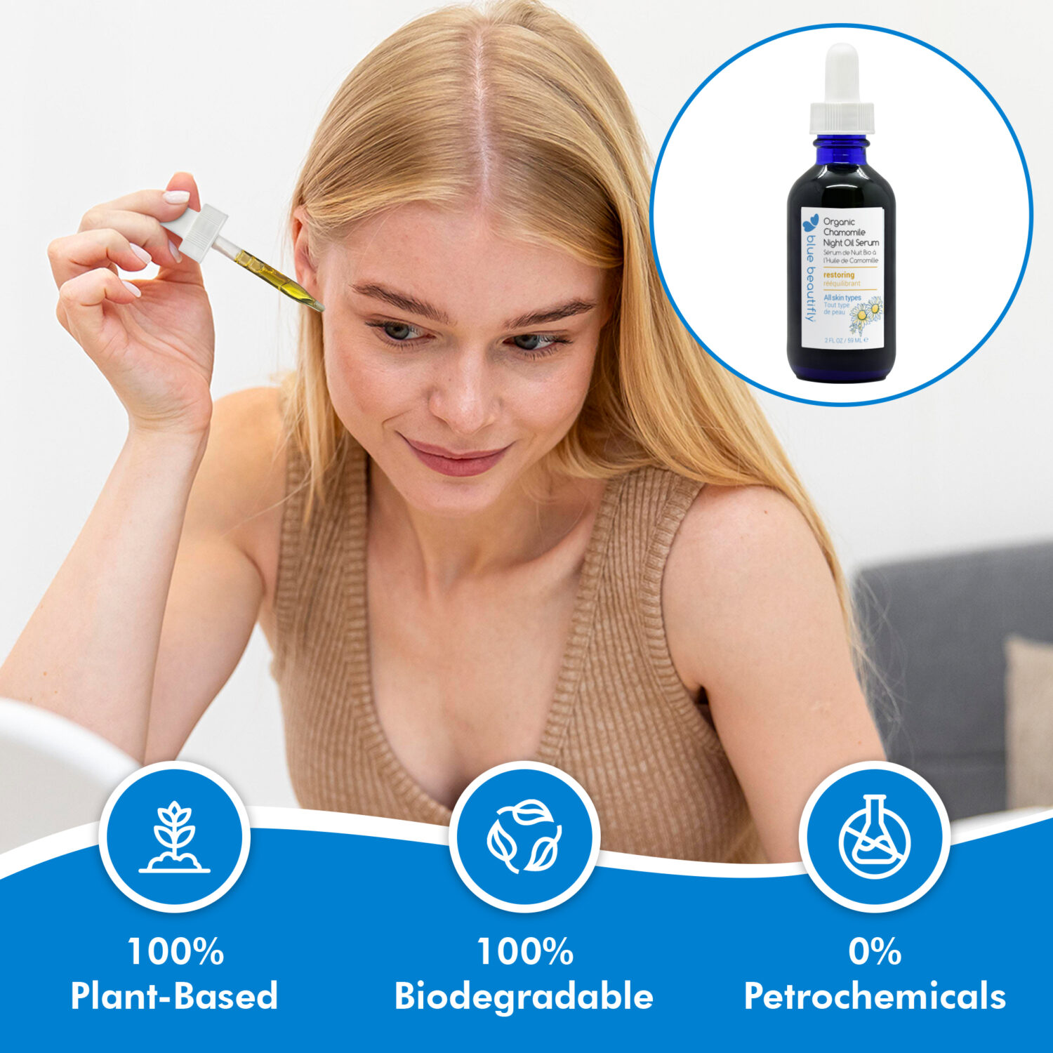 Blue Beautifly Organic Chamomile Night Oil Serum is 100% plant-based and biodegradable and contains no petrochemicals or toxins