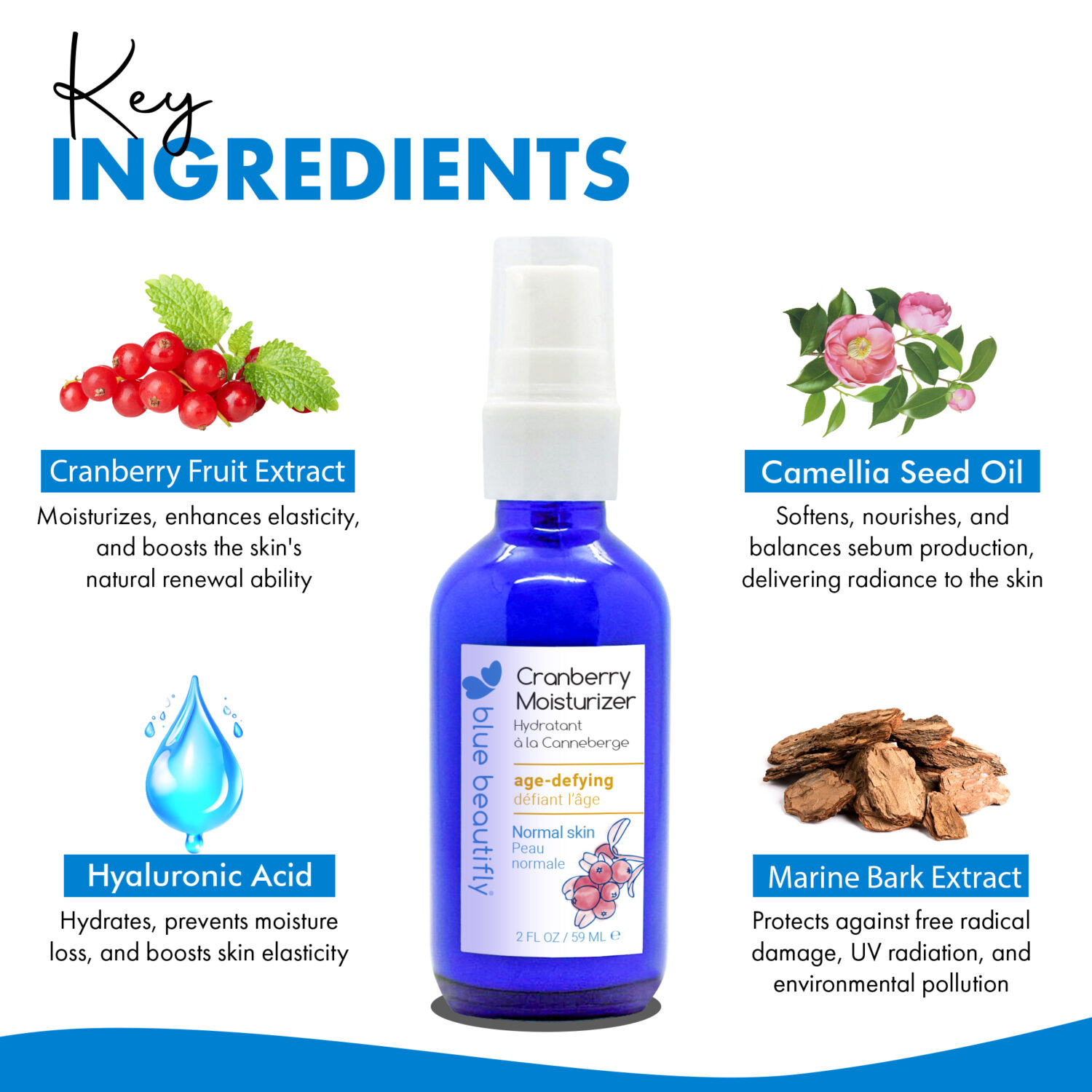 Blue Beautifly Cranberry Moisturizer key ingredients are Cranberries, hyaluronic acid, marine bark extract, and camellia seed oil