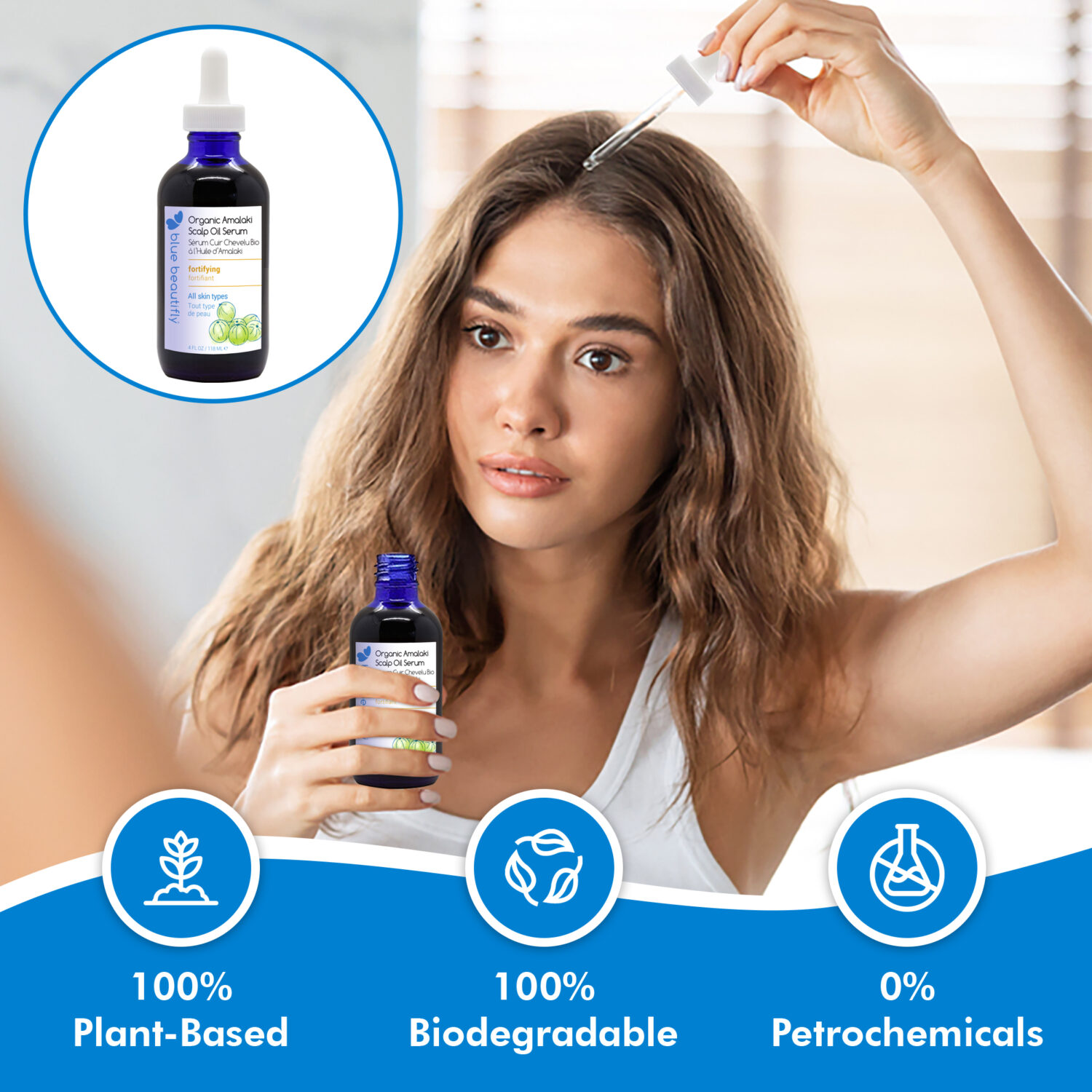 Blue Beautifly Organic Amalaki Scalp Oil Serum is 100% plant-based and biodegradable and contains no petrochemicals or toxins