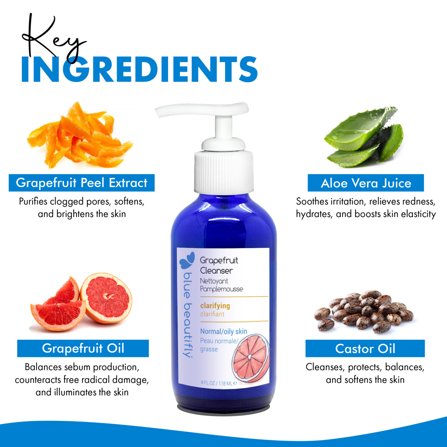 Blue Beautifly Grapefruit Cleanser key ingredients are grapefruit peel extract, aloe vera juice, grapefruit oil, and castor oil