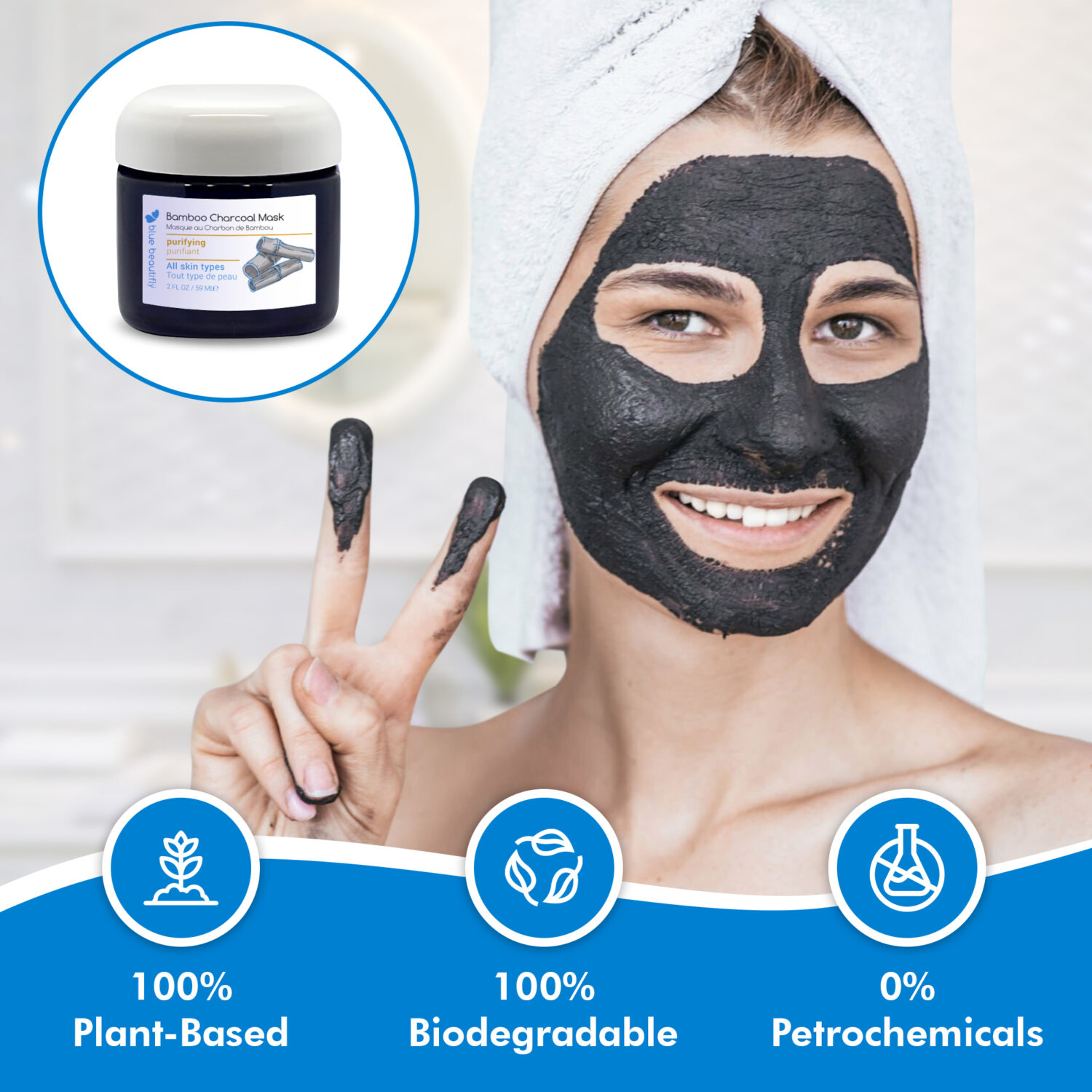 Blue Beautifly Bamboo Charcoal Mask is 100% plant-based and biodegradable and contains no petrochemicals or toxins