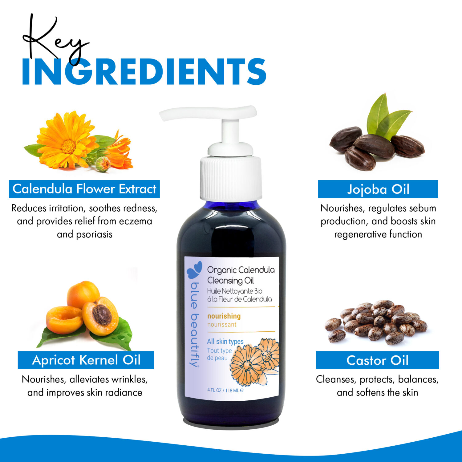 Blue Beautifly Organic Calendula Cleansing Oil key ingredients are calendula flower extract, jojoba oil, apricot kernel oil, castor oil