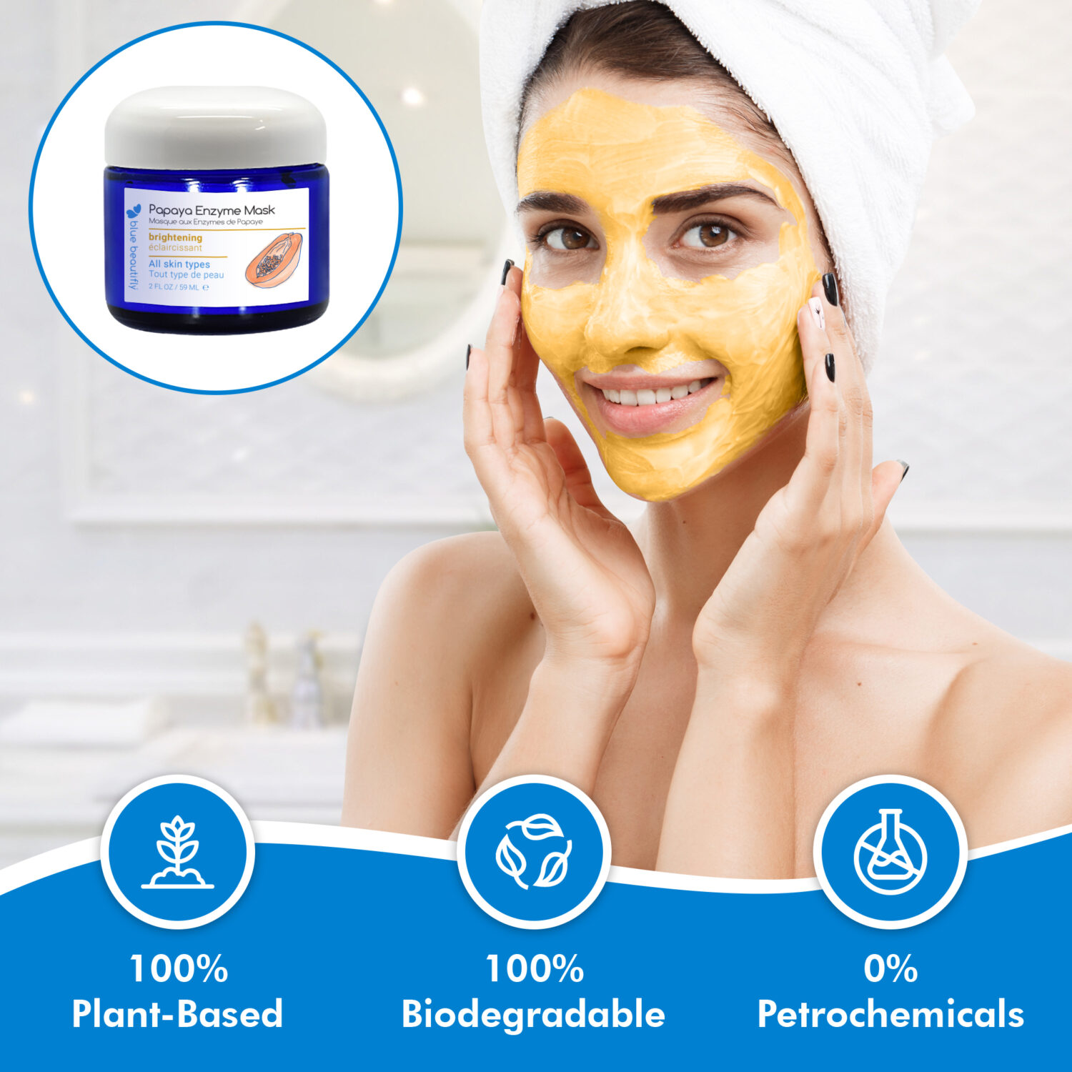 Blue Beautifly Papaya Enzyme Mask is 100% plant-based and biodegradable and contains no petrochemicals or toxins