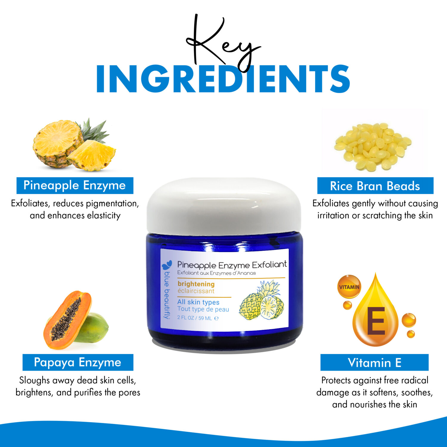 Blue Beautifly Pineapple Enzyme Exfoliant - Key ingredients are pineapple enzyme, rice bran beads, papaya enzyme, and vitamin E