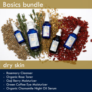 Blue Beautifly Basics Bundle for dry skin is comprised of Rosemary Cleanser, Organic Rose Toner, Goji berry Moisturizer, Green Coffee Eye Moisturizer, and Organic Chamomile Night Oil Serum