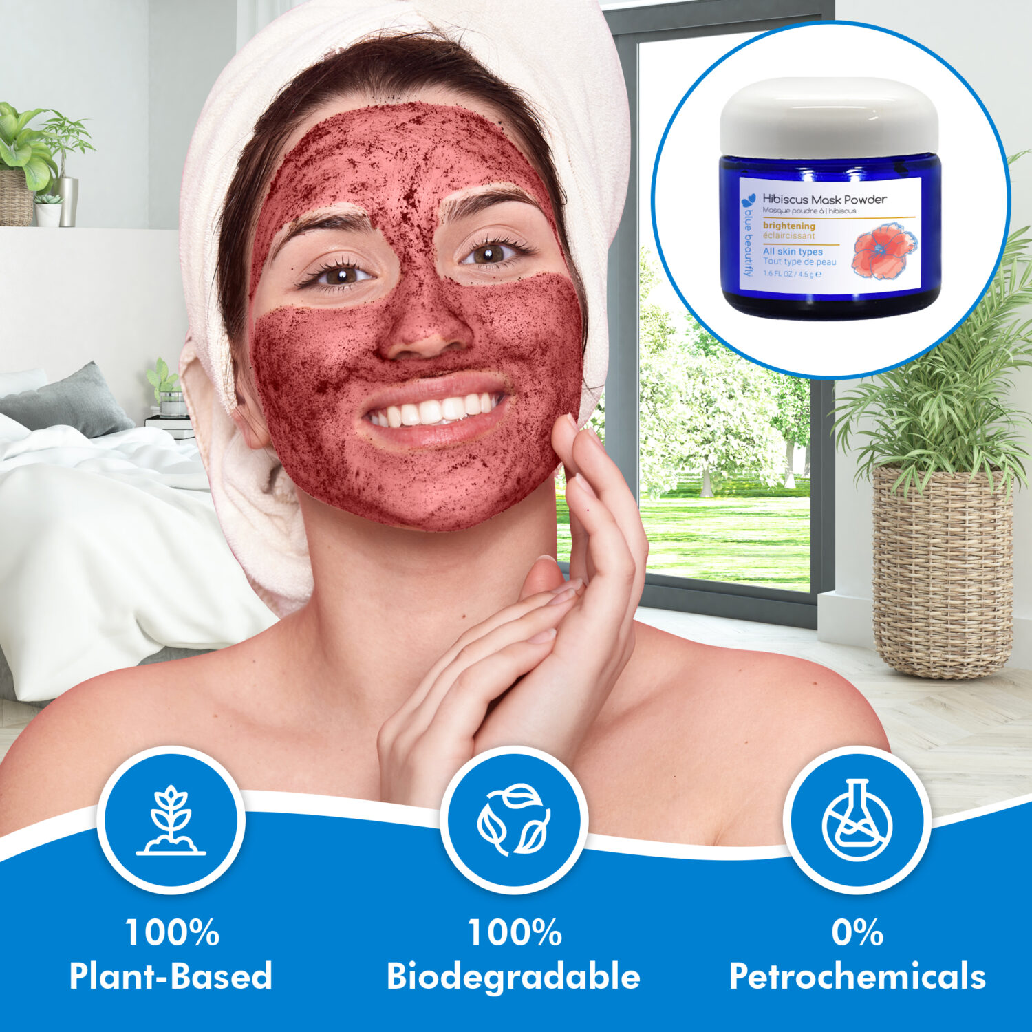 Blue Beautifly Hibiscus Mask Powder is 100% plant-based and biodegradable and contains no petrochemicals or toxins