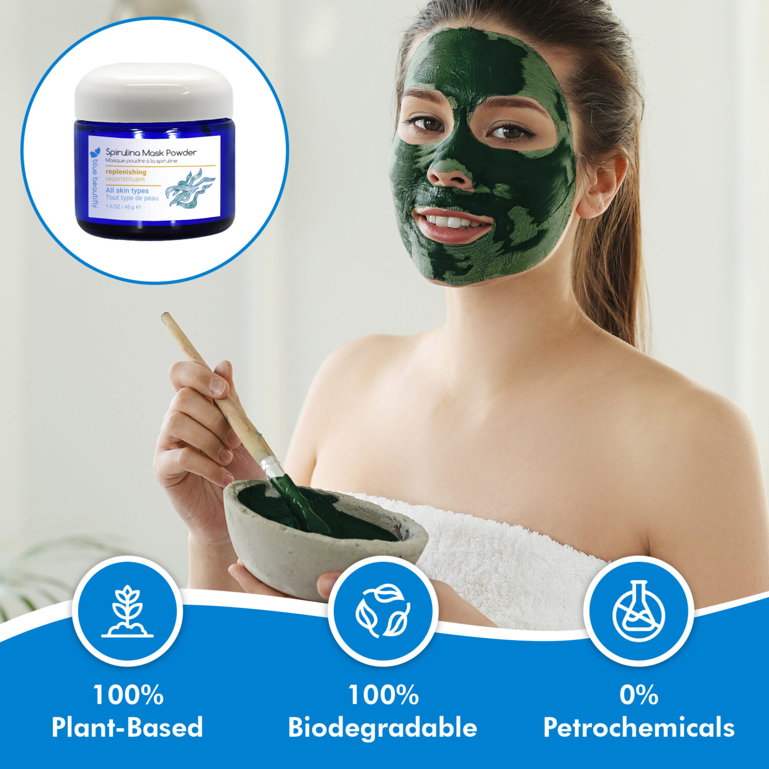 Blue Beautifly Spirulina Mask Powder is 100% plant-based and biodegradable and contains no petrochemicals or toxins