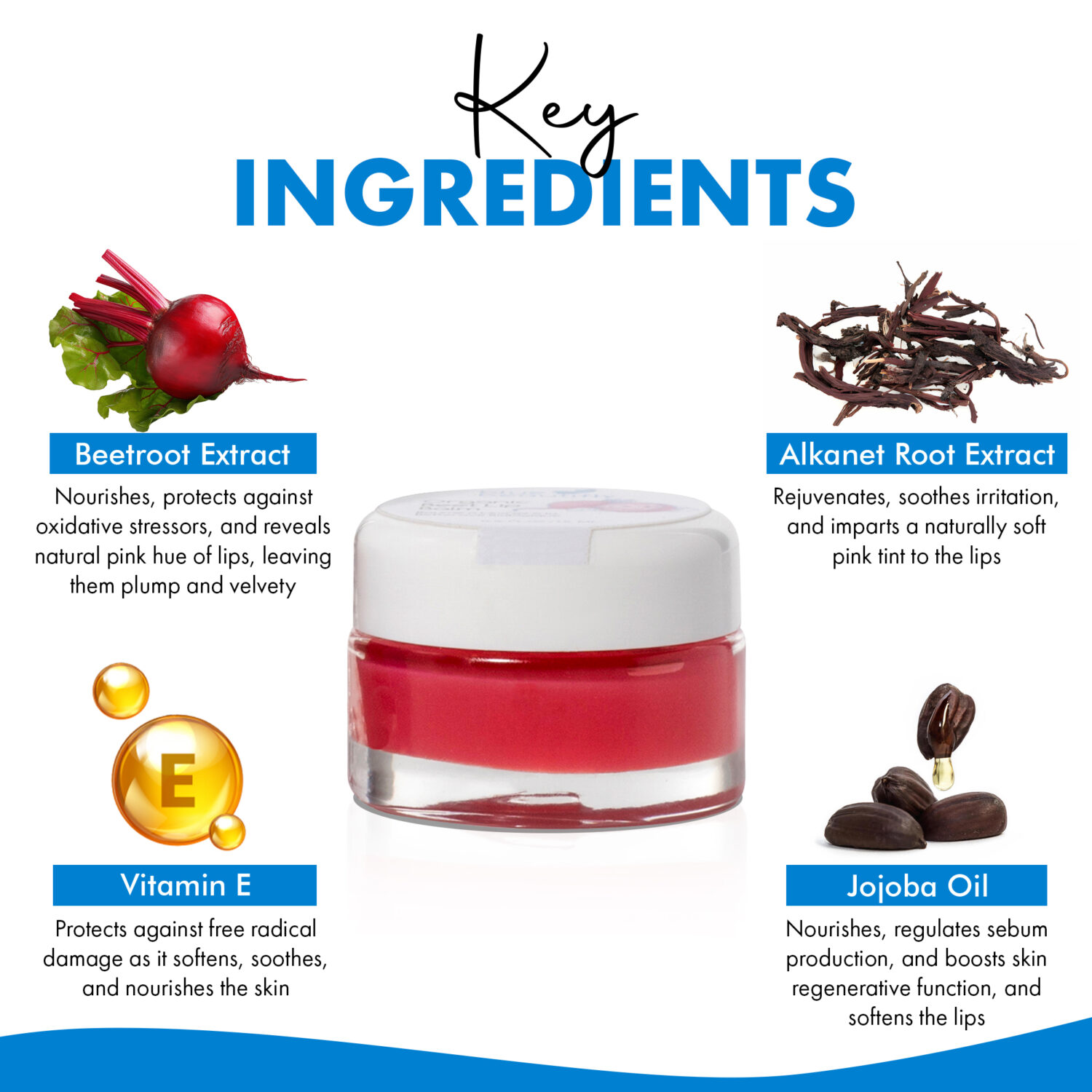 Blue Beautifly Organic Beet Lip Balm key ingredients are beetroot extract, alkanet root extract, jojoba oil, and vitamin E