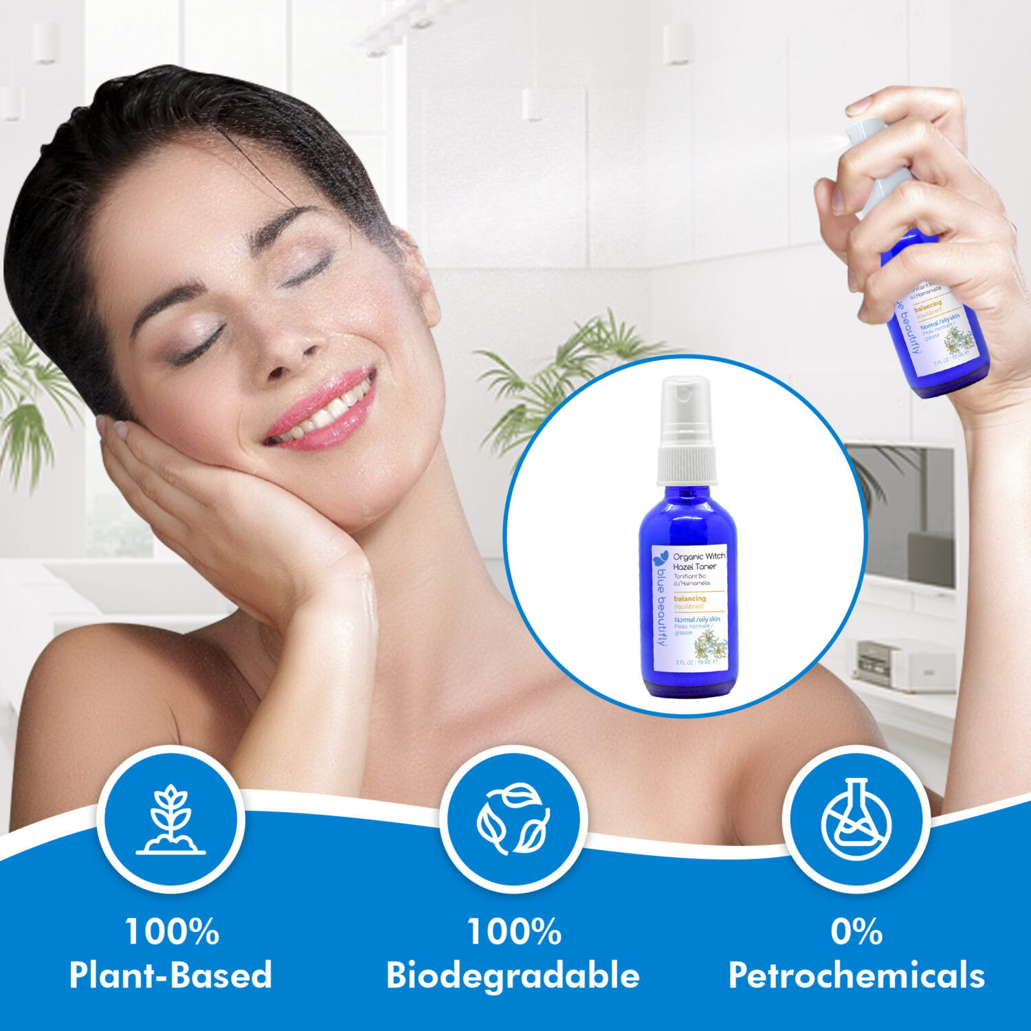 Blue Beautifly Organic Witch Hazel Toner s 100% plant-based and biodegradable and contains no petrochemicals or toxins