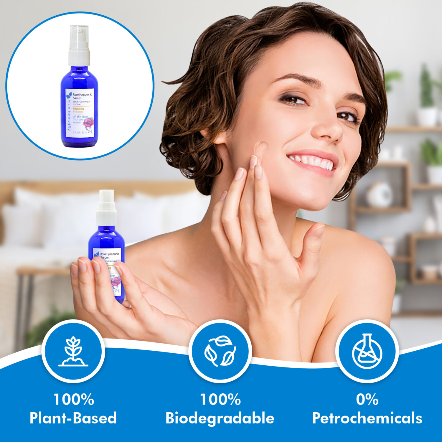 Blue Beautifly Rose Hyaluronic Serum is 100% plant-based and biodegradable and contains no petrochemicals or toxins