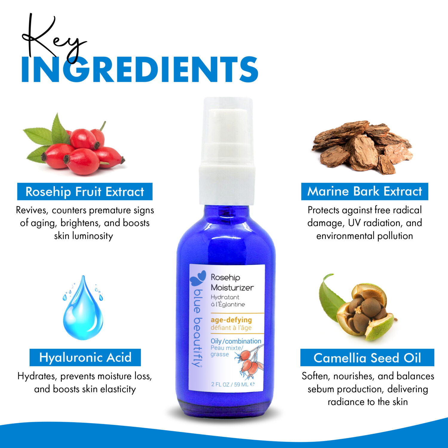 Blue Beautifly Rosehip Moisturizer key ingredients are rosehip fruit extract, marine bark extract, hyaluronic acid, and camellia seed oil