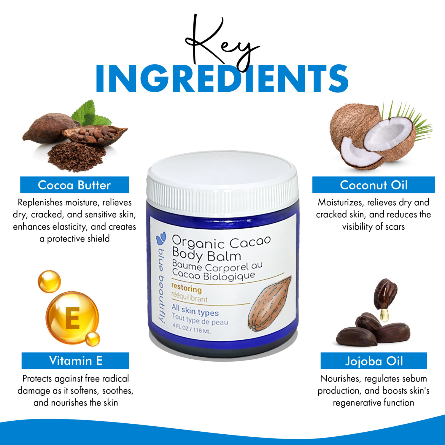 Blue Beautifly Organic Cacao Body Balm - Key ingredients are cocao butter, coconut oil, jojoba oil, and vitamin E