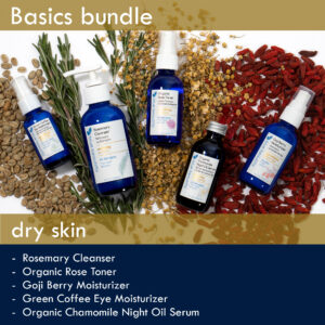 Blue Beautifly Basics Bundle for dry skin is comprised of Rosemary Cleanser, Organic Rose Toner, Goji berry Moisturizer, Green Coffee Eye Moisturizer, and Organic Chamomile Night Oil Serum