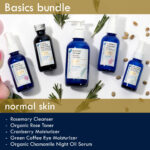 Blue Beautifly Basics Bundle for normal skin is comprised of Rosemary Cleanser, Organic Rose Toner, Cranberry Moisturizer, Green Coffee Eye Moisturizer, and Organic Chamomile Night Oil Serum