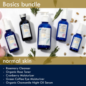 Blue Beautifly Basics Bundle for normal skin is comprised of Rosemary Cleanser, Organic Rose Toner, Cranberry Moisturizer, Green Coffee Eye Moisturizer, and Organic Chamomile Night Oil Serum