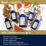 Blue Beautifly Basics Bundle for oily/combination skin is comprised of Grapefruit Cleanser, Organic Witch Hazel Toner, Rosehip Moisturizer, Green Coffee Eye Moisturizer, and Organic Chamomile Night Oil Serum