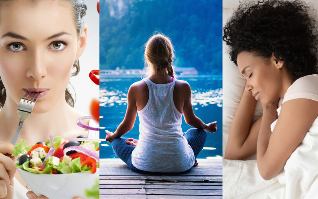 Collage of one model eating salad, the middle model is doing yoga and the model on the right is sleeping with the objective of showing the impact of nutrition and Skin Health