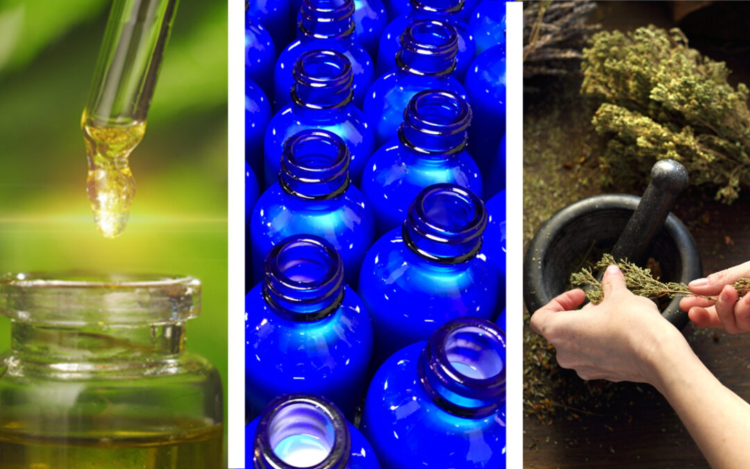 Sustainbility skincare collage image showing Blue Beautifly empty bottles and wholesome ingredients.