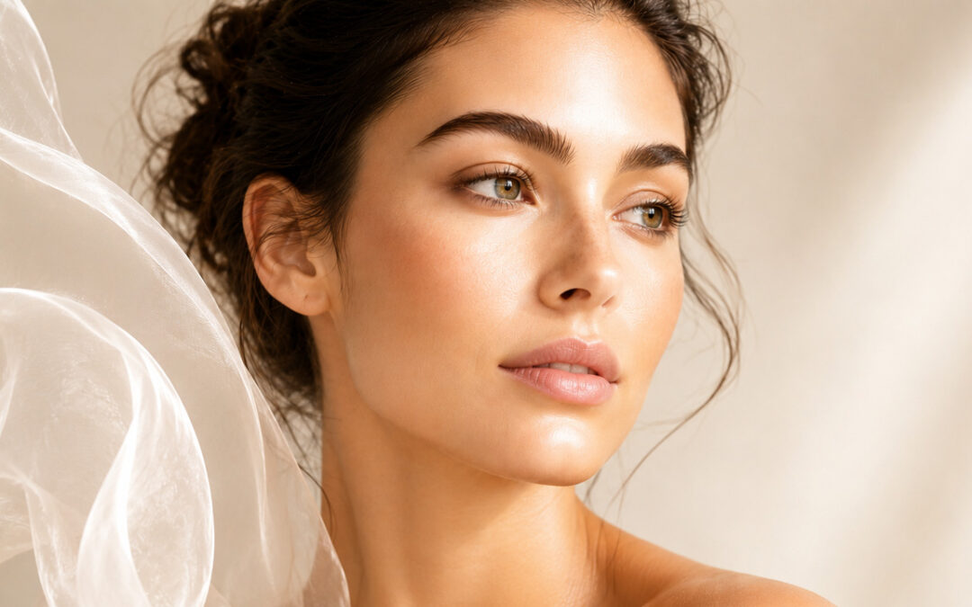 Beautiful model looking to the side showing her glowing face with healthy skin barrier.