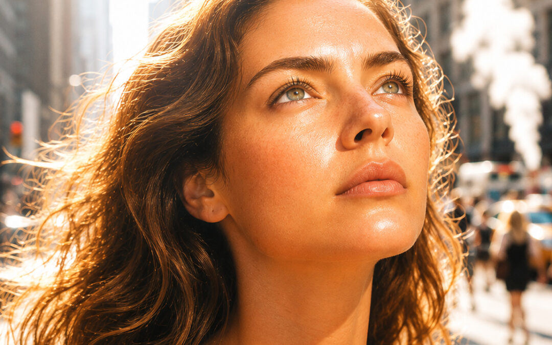 Sun light shining on models face to illustrate how environmental factors affecting skin