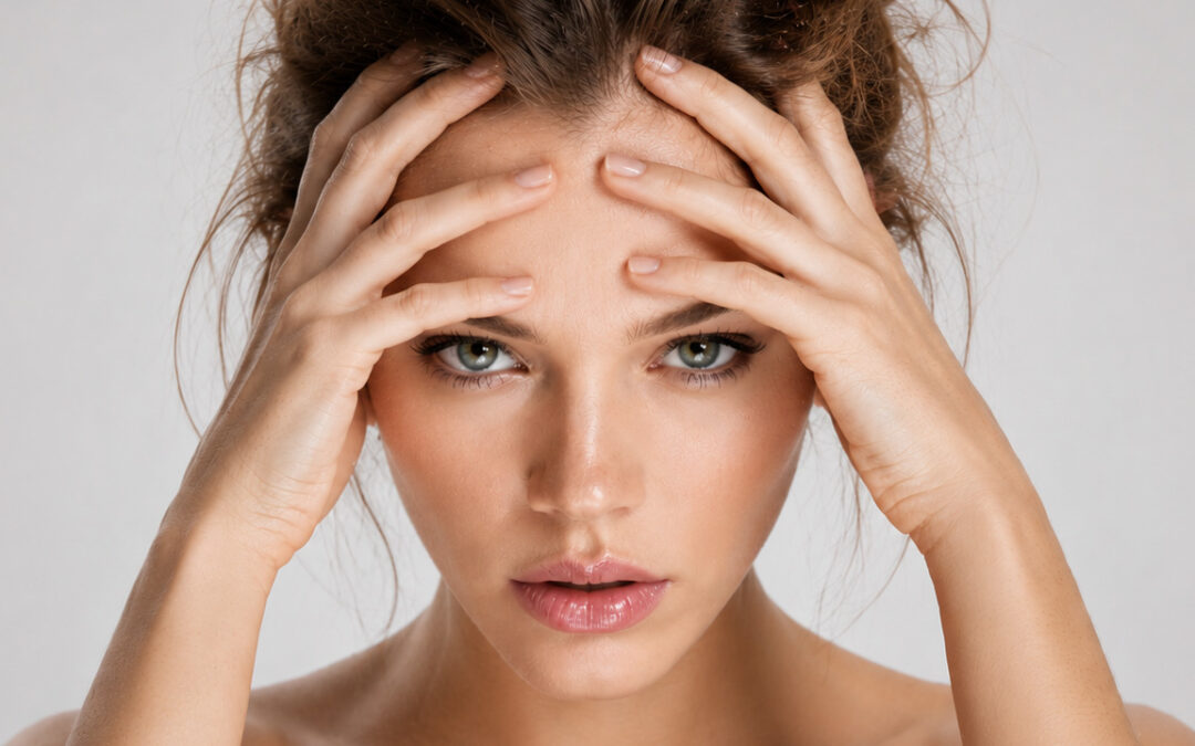 Image of model showing stress to illustrate chronic stress and skin health
