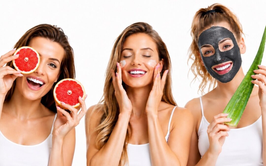 3 models showing graperuit slice to her face and one model is applying moisturizer to her face and the model to the right has bamboo charcoal mask on her face.